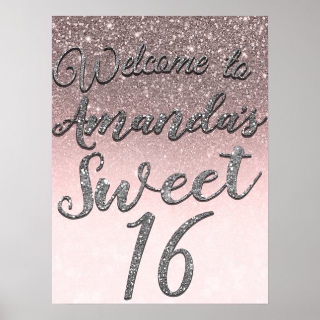 Silver & Blush Glitter Välkomstskylt till Sweet 16 Poster (Framsidan)