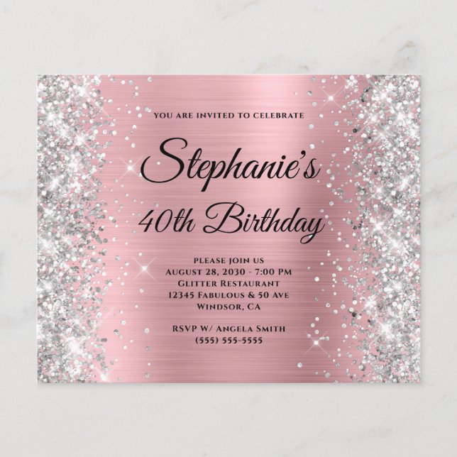 Silver Blush Rosa Glam Monogram 40-årsfirande Flygblad (Framsidan)