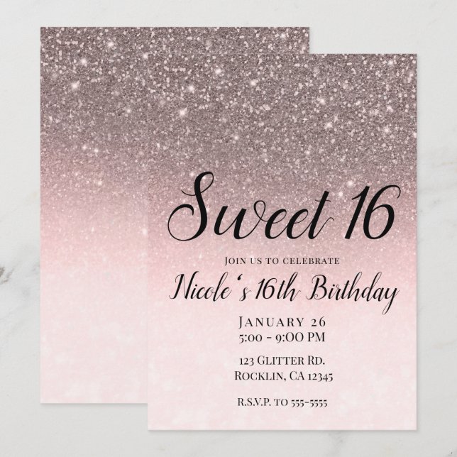 Silver & Blush Rosa Glitter Glam Söta 16 Inbjudningar (Fram/baksida)