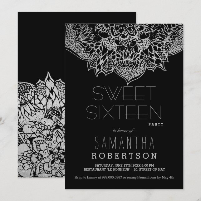 Silver boho blommigt mandala Sweet 16 party Inbjudningar (Fram/baksida)