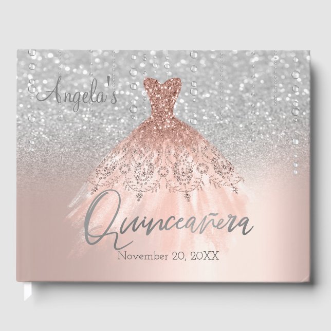 Silver Bokeh Chic Ro Guld Dress Quinceañera Gästböcker (Framsida)