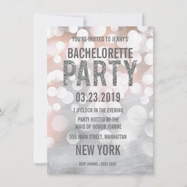 Silver Bokeh Glitter Bachelorette Party Inbjudan (Framsida)