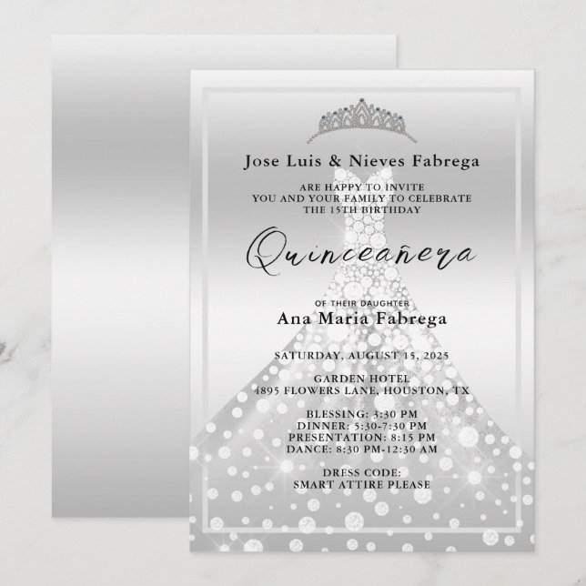 Silver Boll Gown & Tiara Quinceañera Birthday Inbjudningar (Fram/baksida)