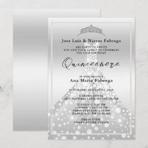 Silver Boll Gown & Tiara Quinceañera Birthday Inbjudningar