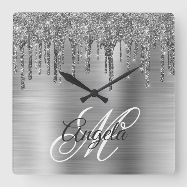 Silver Borstad Folie Glitter Dropp Fancy Monogram Fyrkantig Klocka (Framsida)
