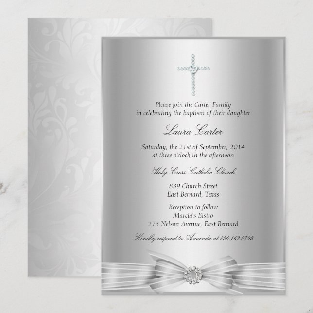 Silver Bow Cross Dop/Dopinvitation Inbjudningar (Fram/baksida)