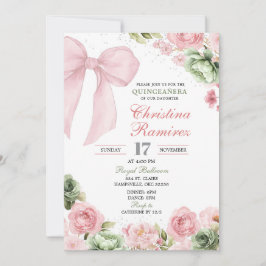 Silver Bow Sage Pink Coquette Floral Quinceanera Inbjudningar
