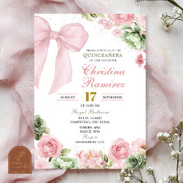Silver Bow Sage Rosa Coquette Blommig Quinceanera Inbjudningar