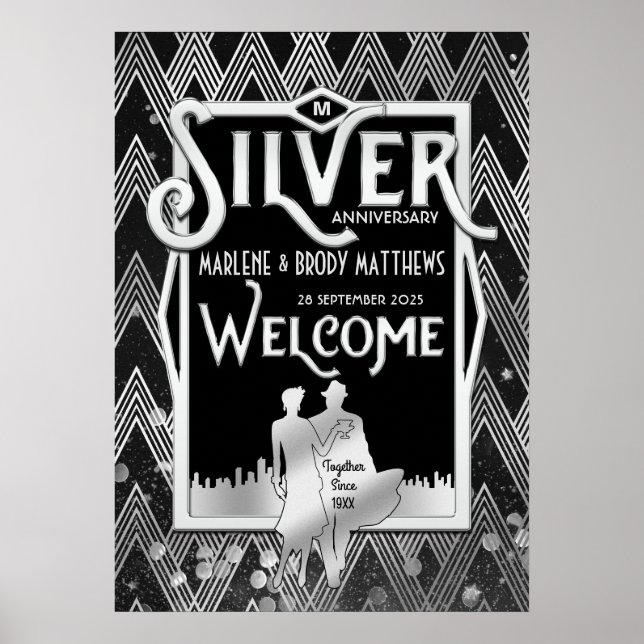 Silver Bröllop-årsdag Art Deco Party Välkommen Poster (Framsidan)