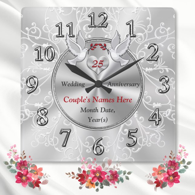 Silver Bröllop-årsdagen av Gift Ideas-jubileet Fyrkantig Klocka (25th Wedding Anniversary Gift Ideas. Silver anniversary gifts for parents. 25th anniversary gifts.)