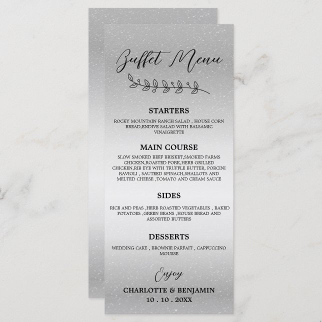 Silver Bröllop Buffet Menu Meny (Fram/baksida)