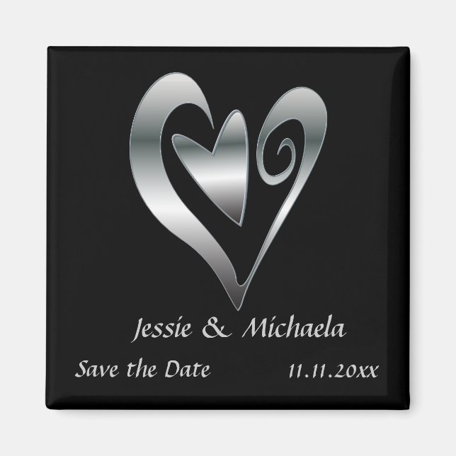 Silver Bröllop-hjärtan på Black Save Date Magnet (Framsidan)