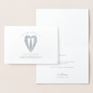 Silver Bröllop Kostym och Tie Groomsman Frieri Folierat Kort