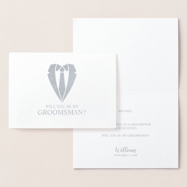 Silver Bröllop Kostym och Tie Groomsman Frieri Folierat Kort (Display)