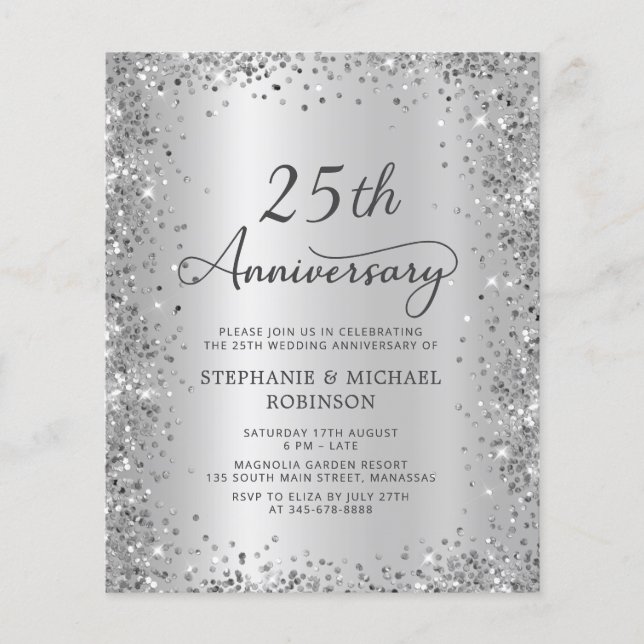 Silver Bröllopsinbjudan för 25-årsjubileum på budg (Framsida)