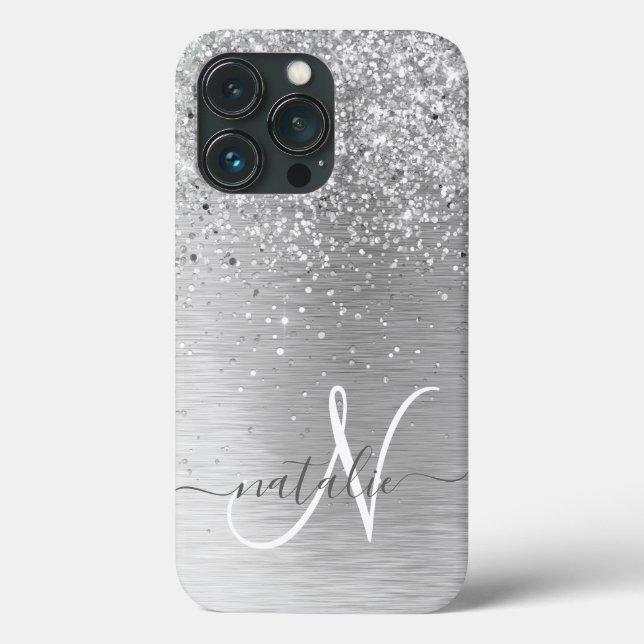 Silver Brushed Metall Glitter Monogram Namn (Baksida)
