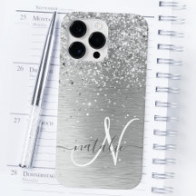 Silver Brushed Metall Glitter Monogram Namn