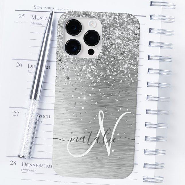 Silver Brushed Metall Glitter Monogram Namn (Skapare uppladdad)