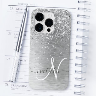 Silver Brushed Metall Glitter Monogram Namn
