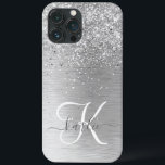 Silver Brushed Metall Glitter Monogram Namn<br><div class="desc">Anpassa enkelt den här chicen i trendig med -fodral med söt silver mousserande glitter på en borstad metallbakgrund i silver.</div>
