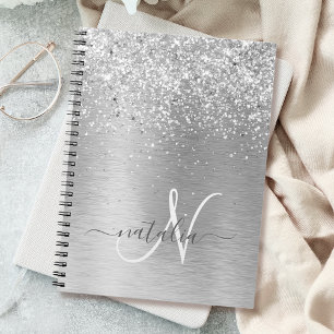 Silver Brushed Metall Glitter Monogram Namn Anteckningsbok