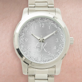 Silver Brushed Metall Glitter Monogram Namn Armbandsur