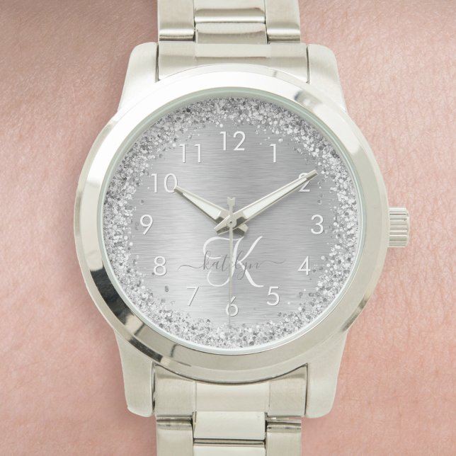 Silver Brushed Metall Glitter Monogram Namn Armbandsur (Skapare uppladdad)