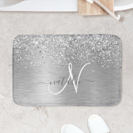 Silver Brushed Metall Glitter Monogram Namn Badrumsmatta