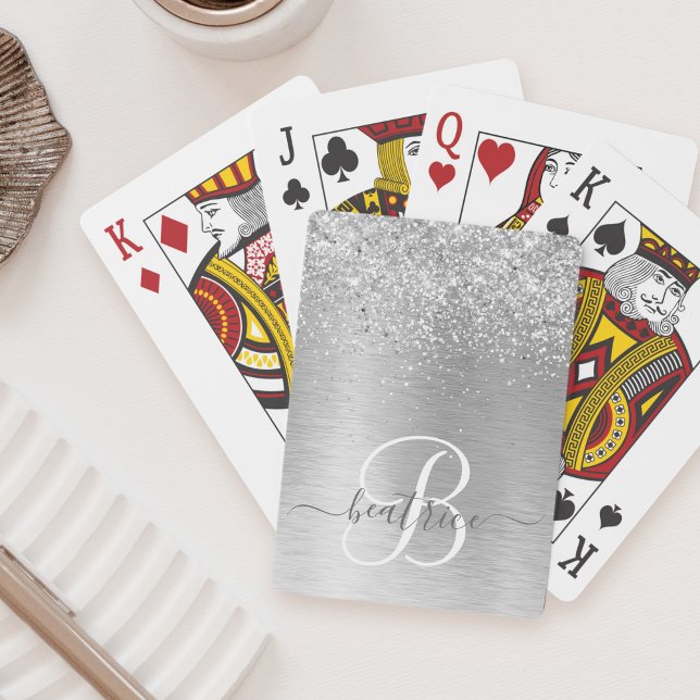 Silver Brushed Metall Glitter Monogram Namn Casinokort (Skapare uppladdad)