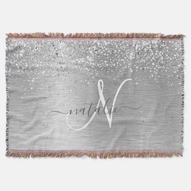 Silver Brushed Metall Glitter Monogram Namn Filt (Framsidan)