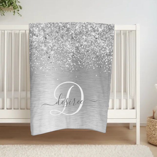 Silver Brushed Metall Glitter Monogram Namn Fleecefilt (Skapare uppladdad)
