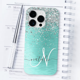 Silver Brushed Metall Glitter Monogram Namn Fodral