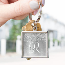 Silver Brushed Metall Glitter Monogram Namn Fyrkantig Silverfärgad Nyckelring