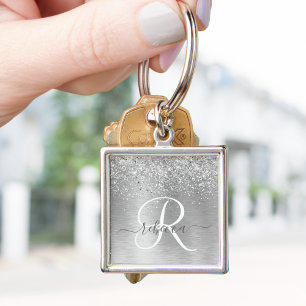 Silver Brushed Metall Glitter Monogram Namn Fyrkantig Silverfärgad Nyckelring