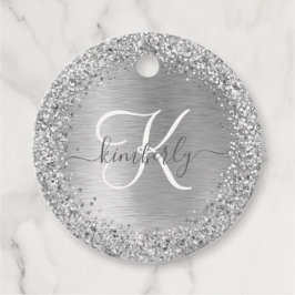 Silver Brushed Metall Glitter Monogram Namn Gåvor Etiketter