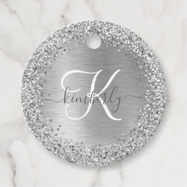Silver Brushed Metall Glitter Monogram Namn Gåvor Etiketter (Framsida)