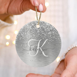 Silver Brushed Metall Glitter Monogram Namn Julgransprydnad Keramik
