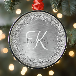 Silver Brushed Metall Glitter Monogram Namn Julgransprydnad Metall