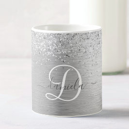 Silver Brushed Metall Glitter Monogram Namn Kaffemugg
