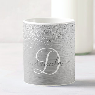 Silver Brushed Metall Glitter Monogram Namn Kaffemugg
