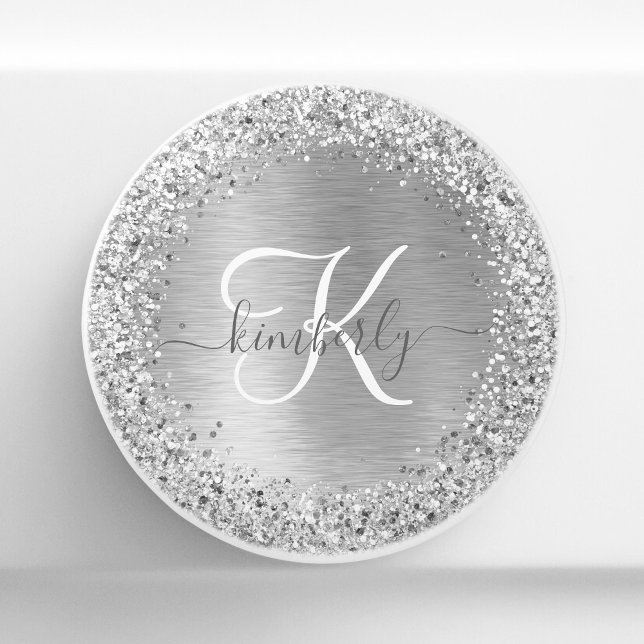 Silver Brushed Metall Glitter Monogram Namn Knopp (Skapare uppladdad)