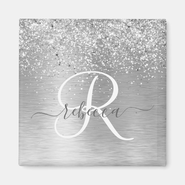 Silver Brushed Metall Glitter Monogram Namn Magnet (Framsidan)