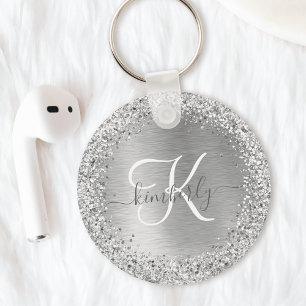 Silver Brushed Metall Glitter Monogram Namn Nyckelring