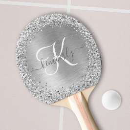 Silver Brushed Metall Glitter Monogram Namn Pingisracket