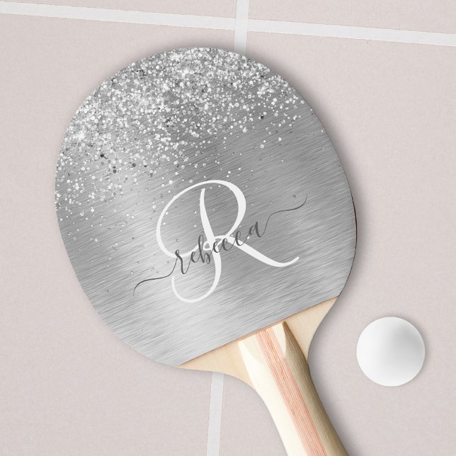 Silver Brushed Metall Glitter Monogram Namn Pingisracket (Skapare uppladdad)