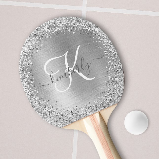 Silver Brushed Metall Glitter Monogram Namn Pingisracket (Skapare uppladdad)