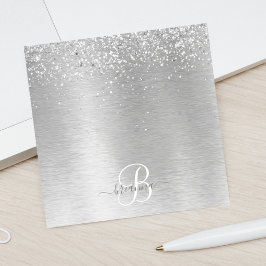 Silver Brushed Metall Glitter Monogram Namn Post-it Block
