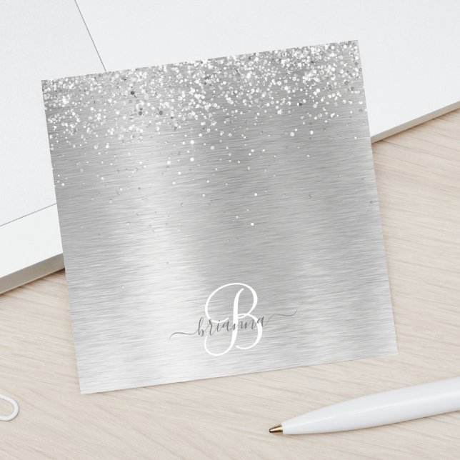 Silver Brushed Metall Glitter Monogram Namn Post-it Block (Skapare uppladdad)