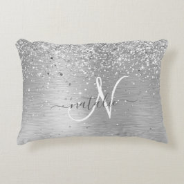 Silver Brushed Metall Glitter Monogram Namn Prydnadskudde
