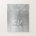 Silver Brushed Metall Glitter Monogram Namn Pussel<br><div class="desc">Anpassa enkelt det här trendigets pussel med söt silver mousserande glitter på en silver-borstad metallbakgrund.</div>